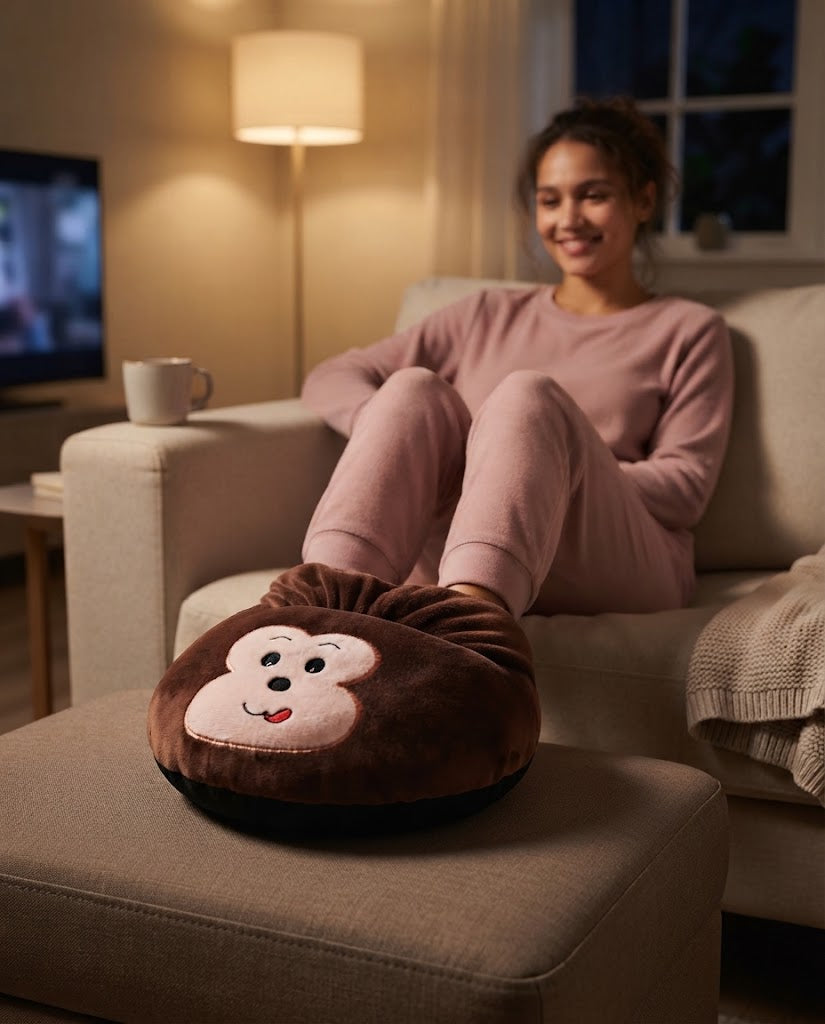 Mujer en el sofa por la noche con los pies dentro del calientapies